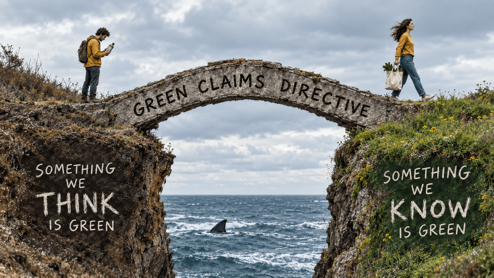 Two consumers on a stone bridge labelled Green Claims Directive, connecting cliffs that contrast assumed and substantiated environmental benefits.